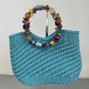 Cappelli Chunky Beads Jewel Ring Handles Straw Purse Handbag Bag Boho Resort